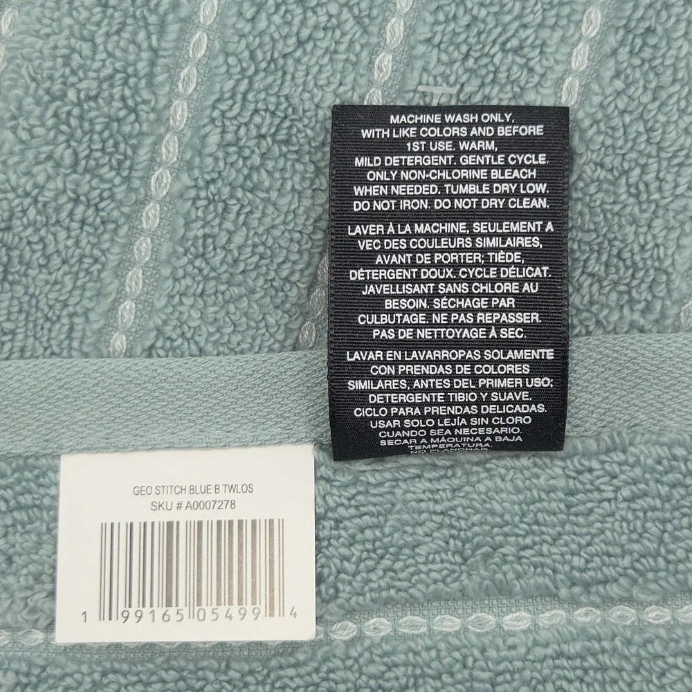 Vera Wang 8pc Zero‎ Twist Cotton Bath Towel Set Geo Stitch Aqua Blue B Twlos